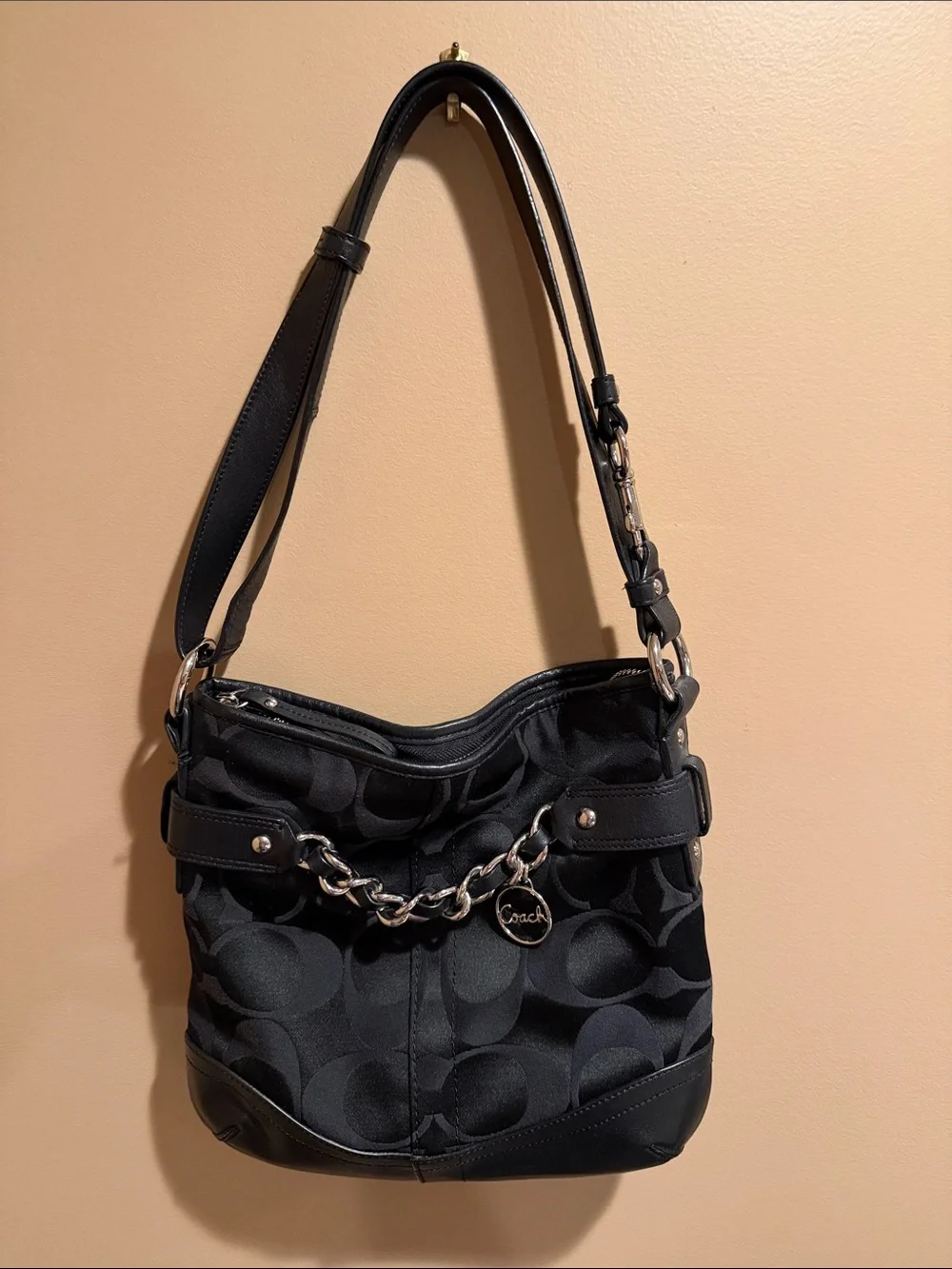 Coach Black Signature Chain Shoulder Bag with Silver Hardware